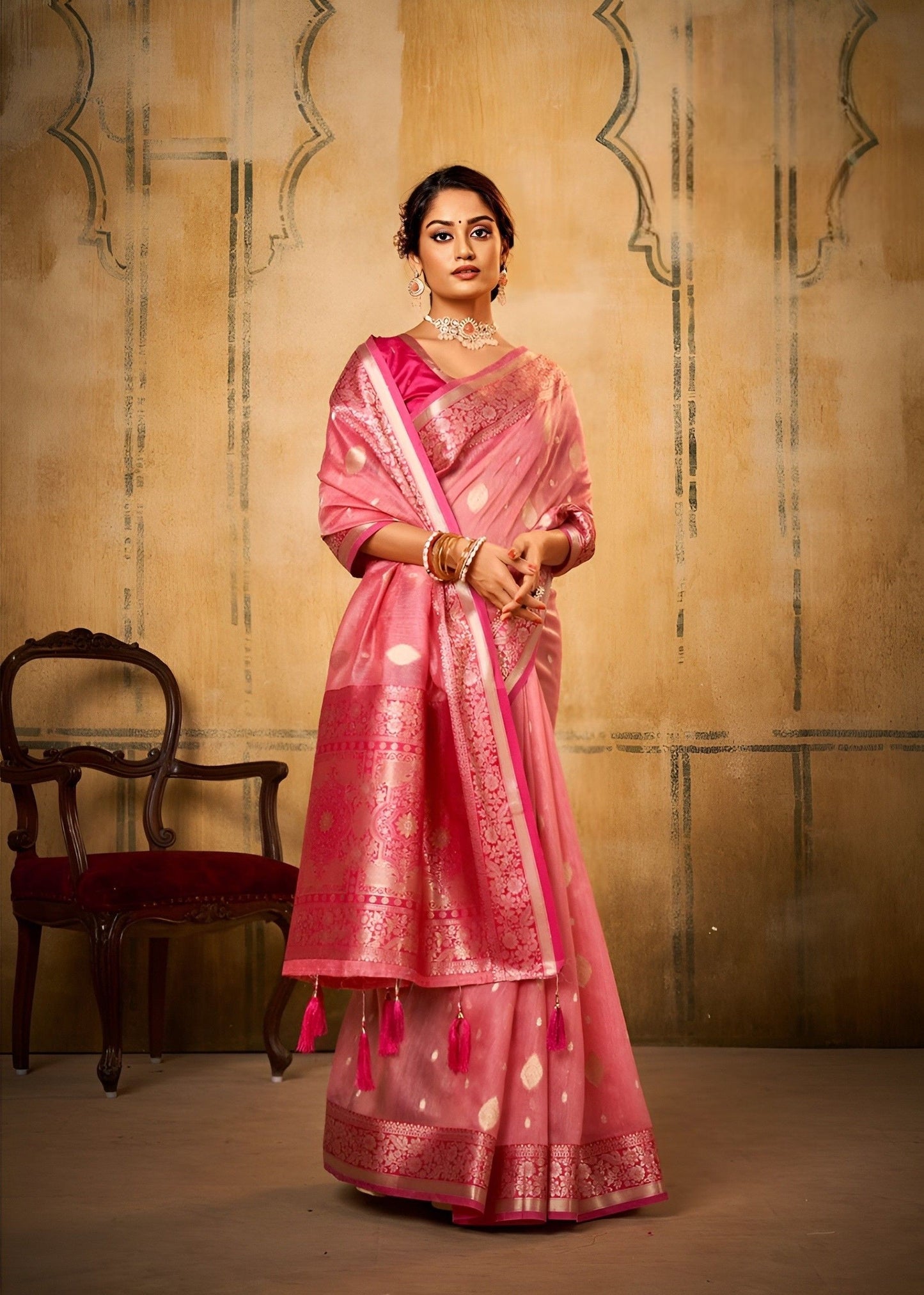 EKKTARA Saree For Women Magenta Pink Banarasi Tissue Saree