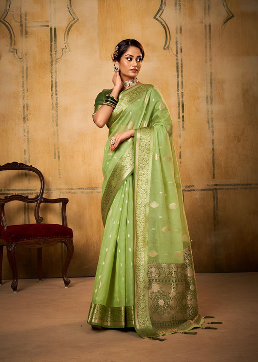 EKKTARA Saree For Women Apple Green Banarasi Tissue Saree