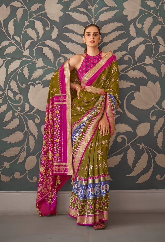 EKKTARA Saree For Women Olive Green Colour Pure Silk Trendy Patola Saree With Unstitched Blouse