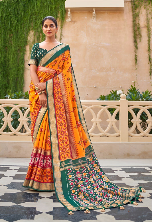 EKKTARA Saree For Women Chrome Yellow Colour Pure Silk Trendy Patola Saree With Unstitched Blouse