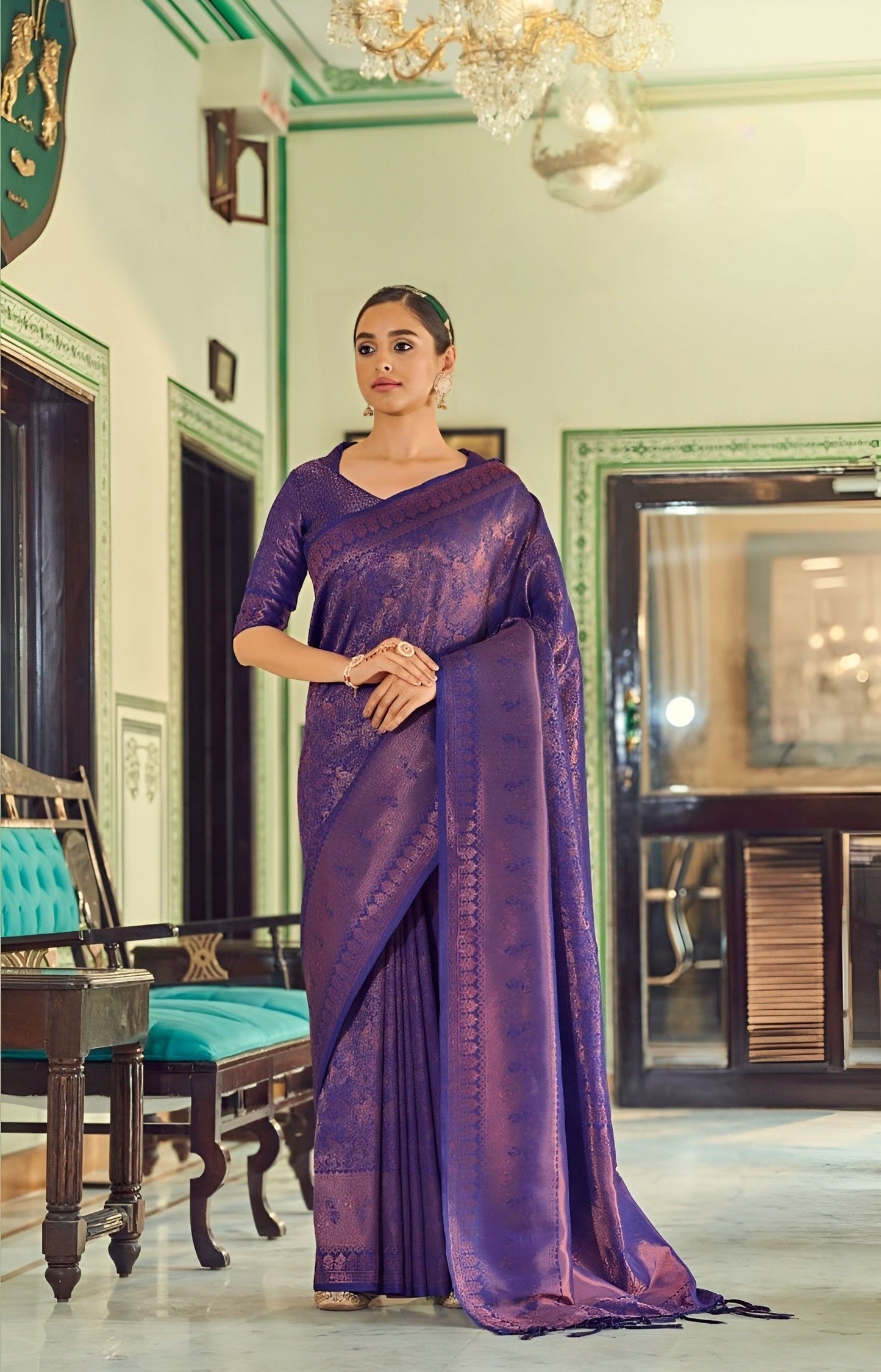 EKKTARA Saree For Women Berry Blue Handloom Weaving Silk Saree