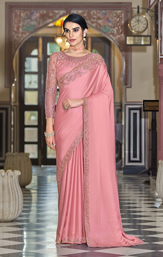 EKKTARA Saree For Women Blush Pink Silk Designer Satin Saree