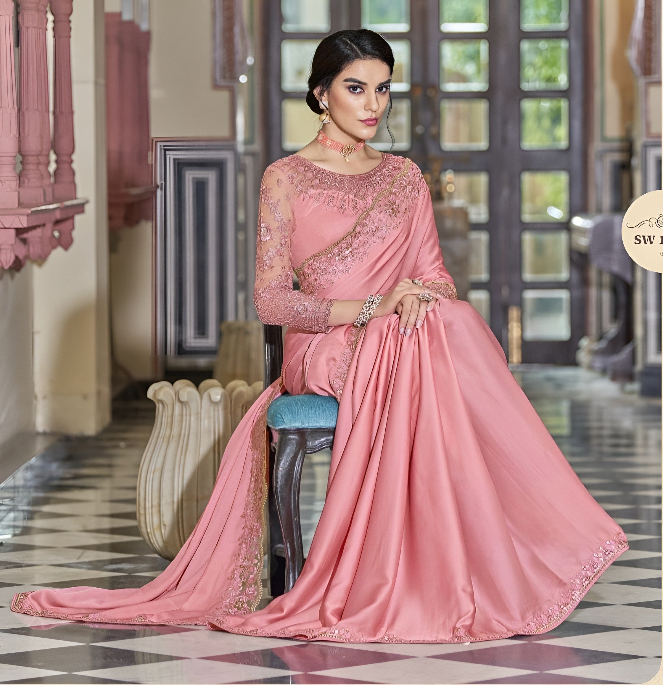 Buy Baby Pink Embroidered Satin Silk Saree For Women Online - Frontierraas