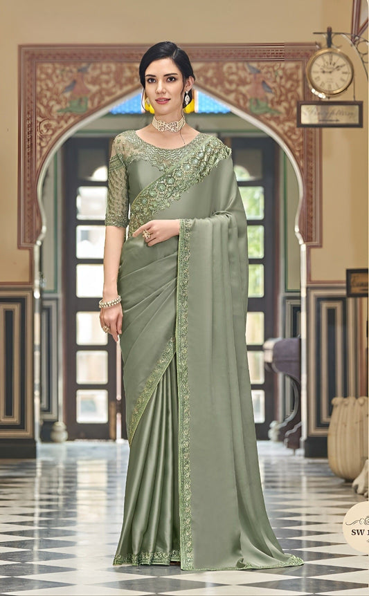 EKKTARA Saree For Women  Sheen Green Silk Designer Satin Saree