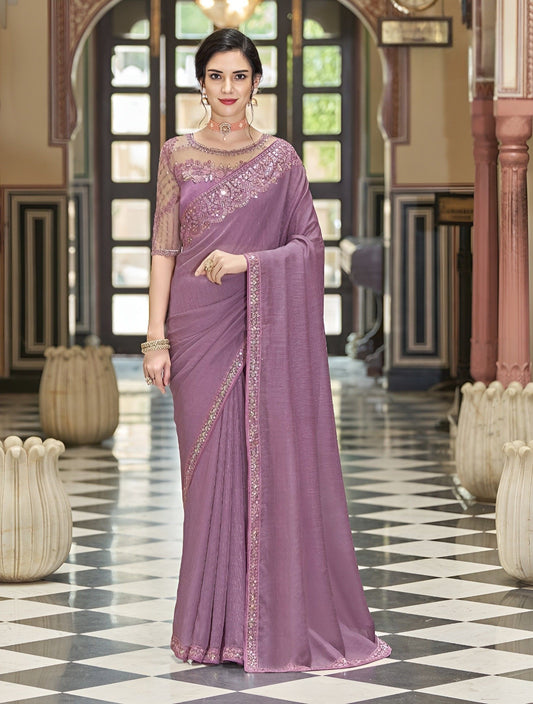EKKTARA Saree For Women Light Purple Silk Designer Satin Saree