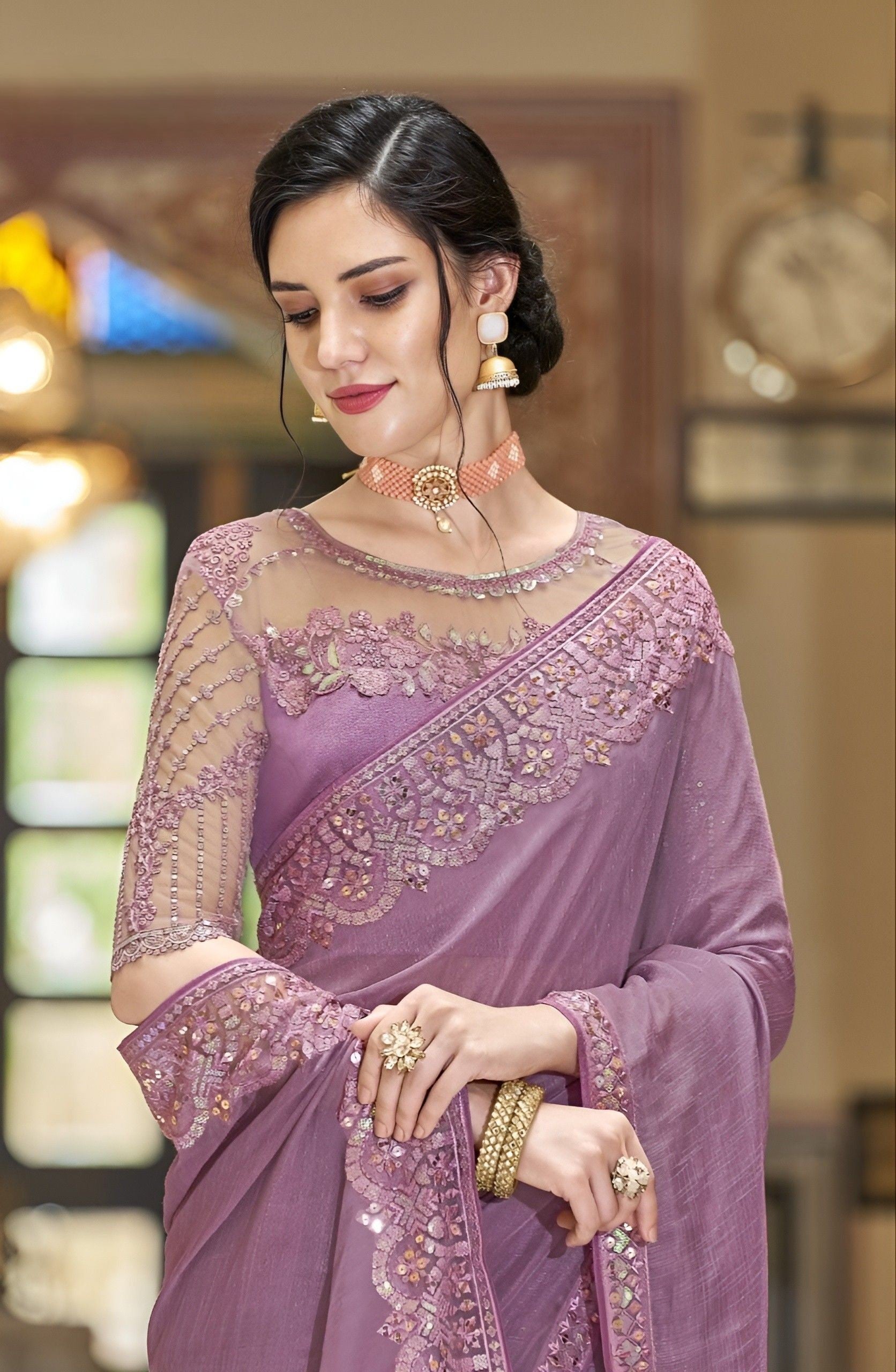 Light Purple Chiffon Embroidery Saree | Leemboodi