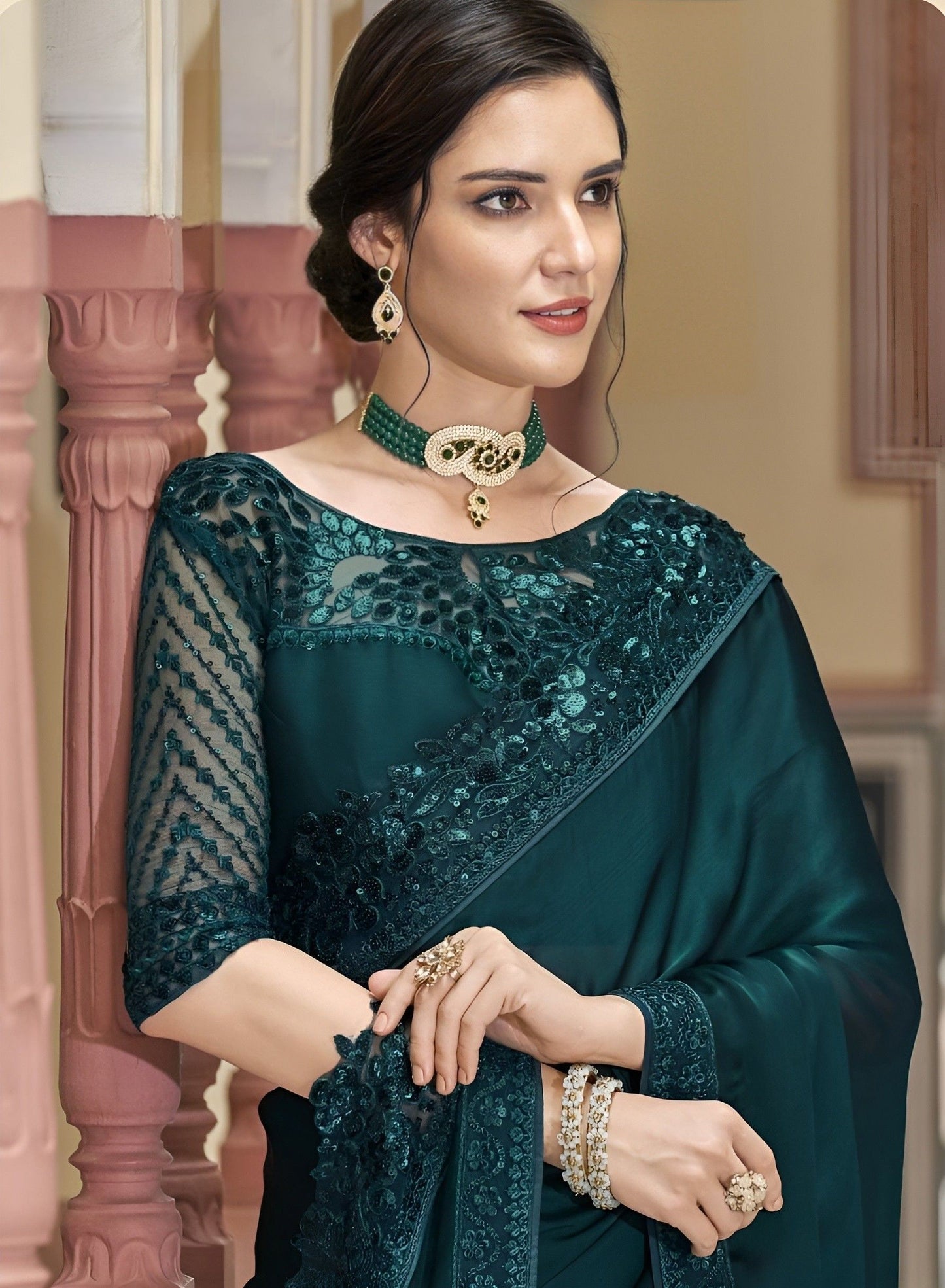 Iktaar by Meena - Green Saree And Blouse Georgette & Underskirt Satin  Floral Chikankari For Women