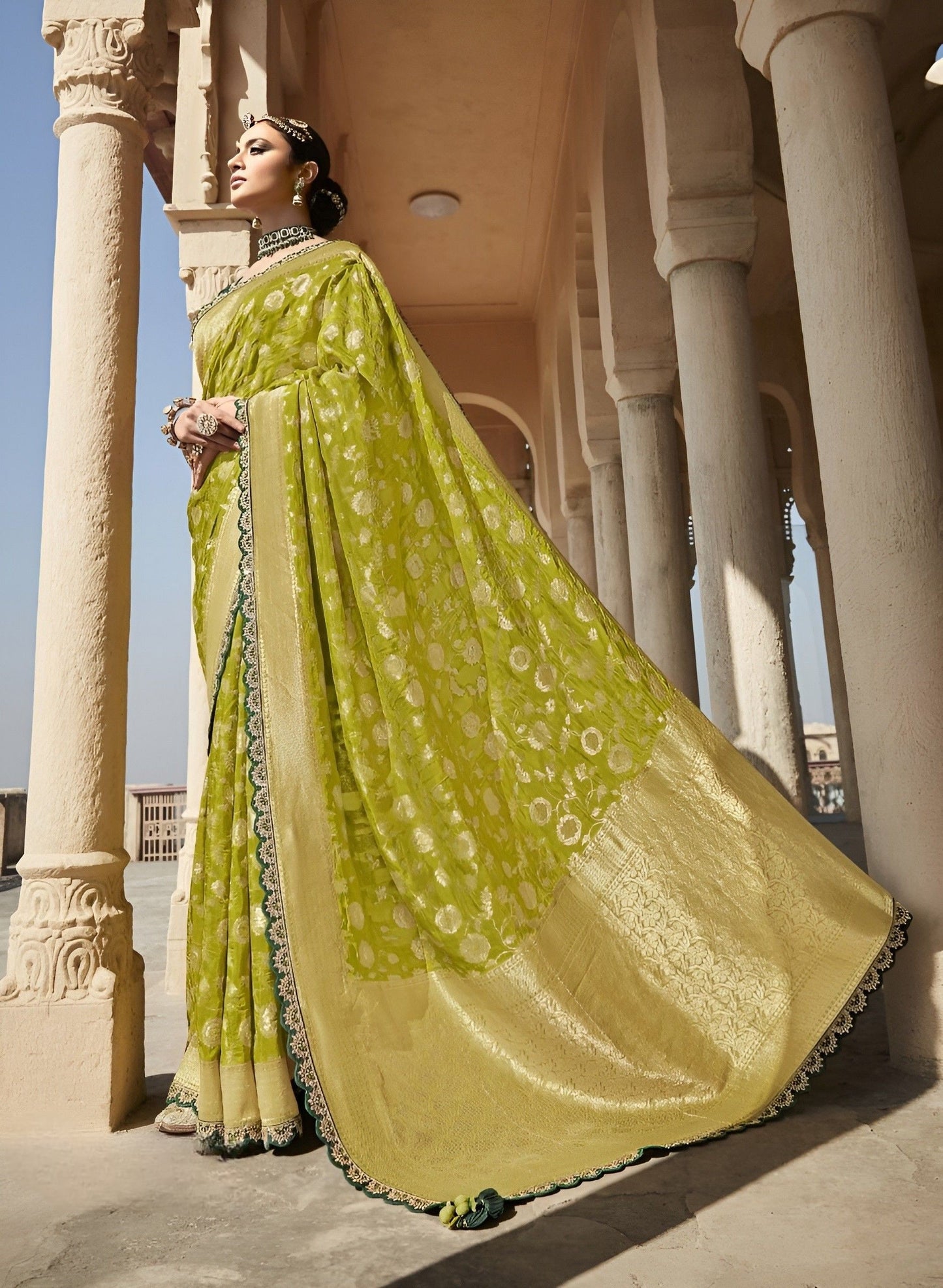 EKKTARA Saree For Women Lime Green Dola Silk Designer Saree