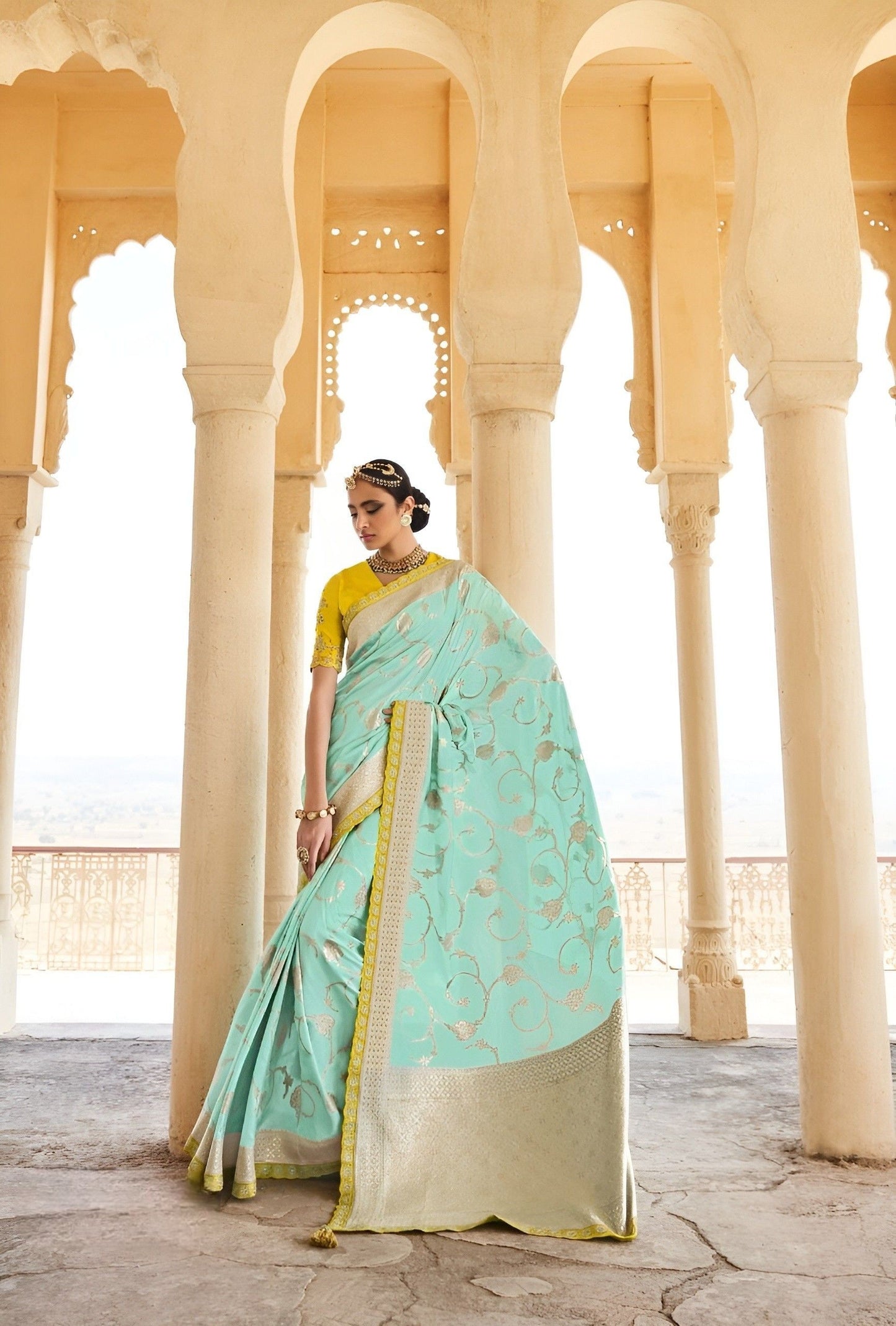 EKKTARA Saree For Women Light Turquoise Dola Silk Designer Saree