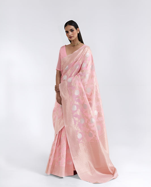 EKKTARA Saree For Women Light Pink Pure Linen Weaving Saree