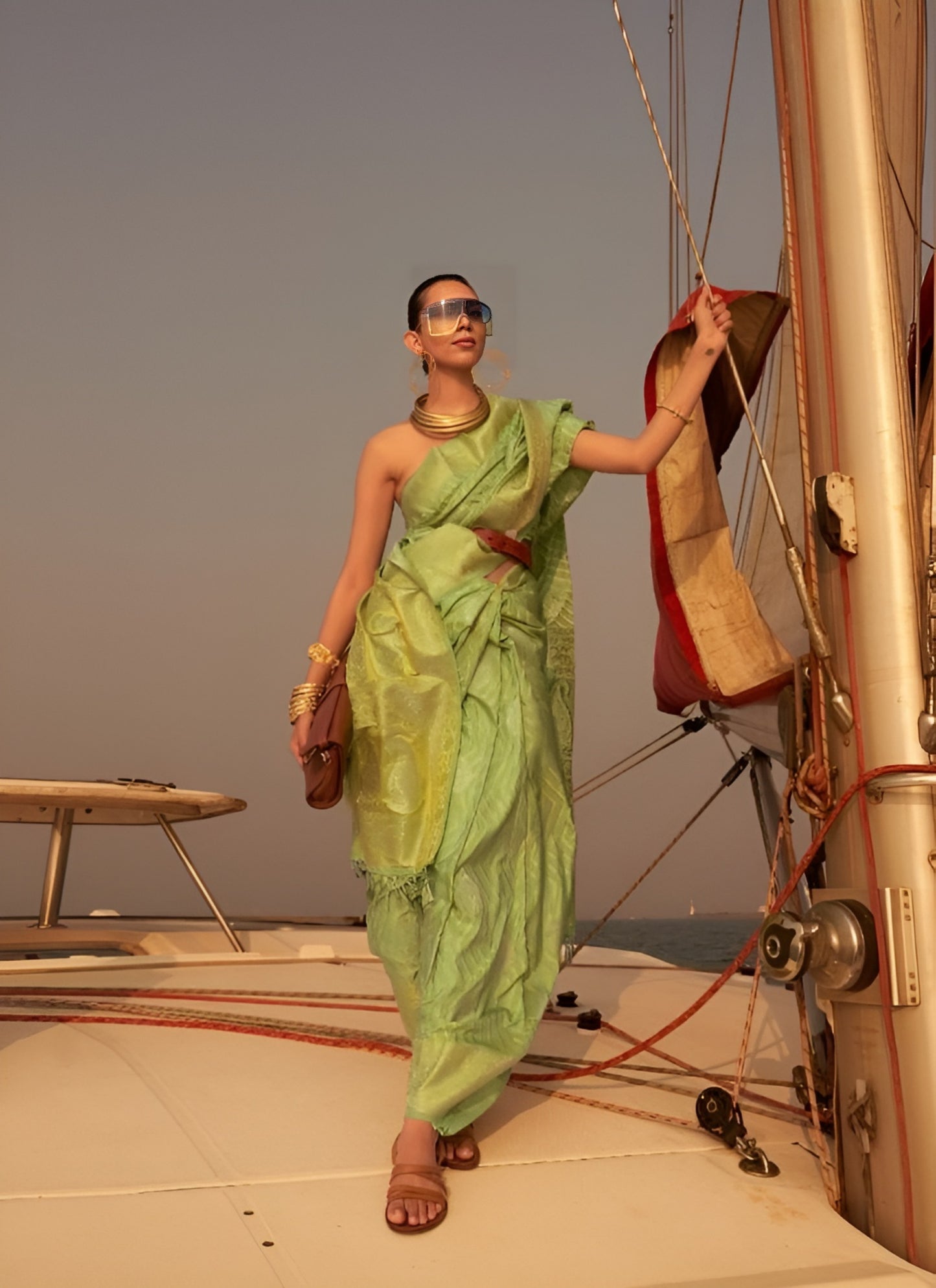 EKKTARA Saree For Women Lime Green Two Tone Handloom Weaving Satin Silk Saree