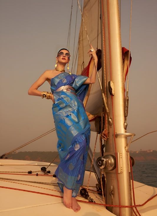 EKKTARA Saree For Women Royal Blue Two Tone Handloom Weaving Satin Silk Saree