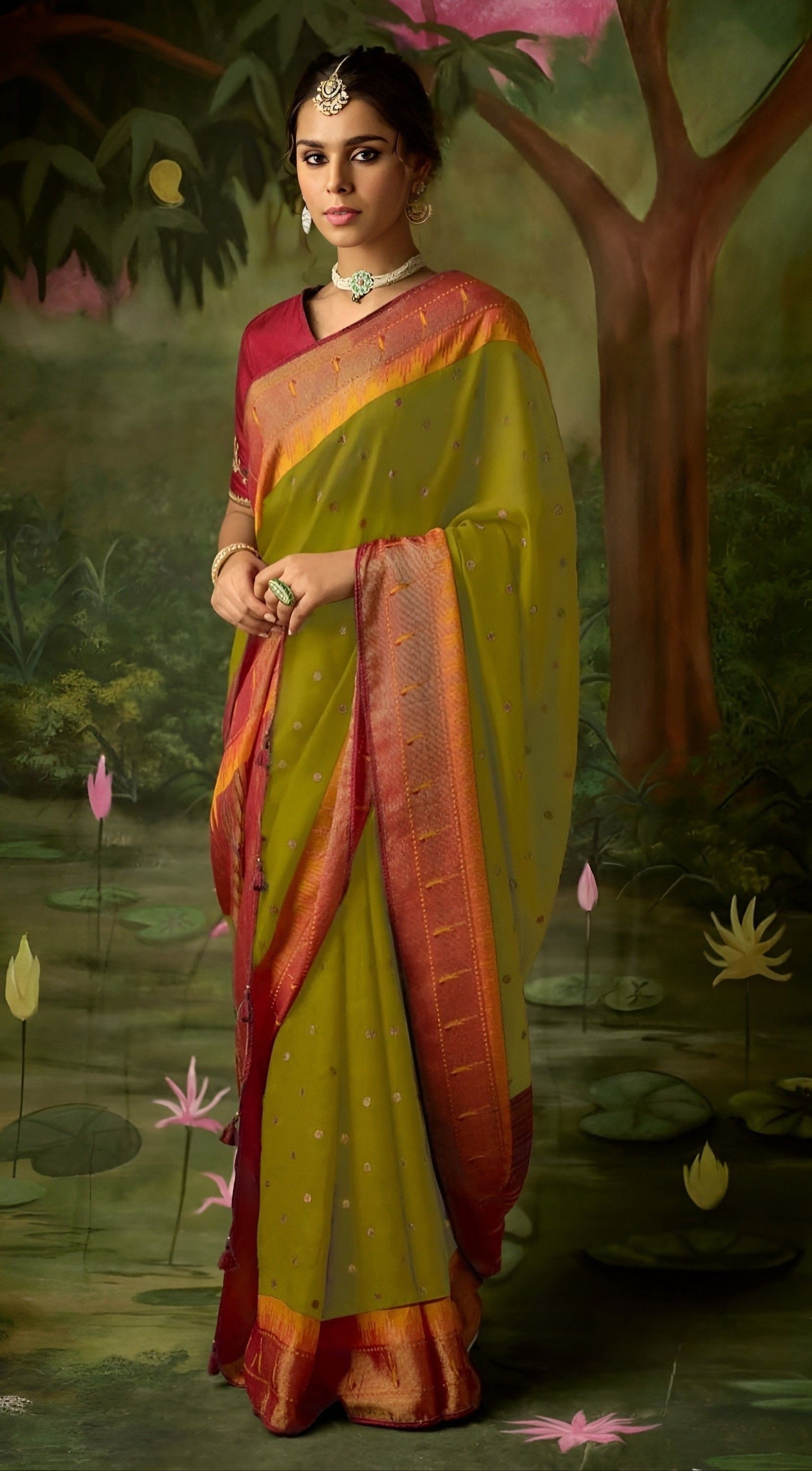 EKKTARA Saree For Women Olive Green Brasso Silk Designer Paithani Saree