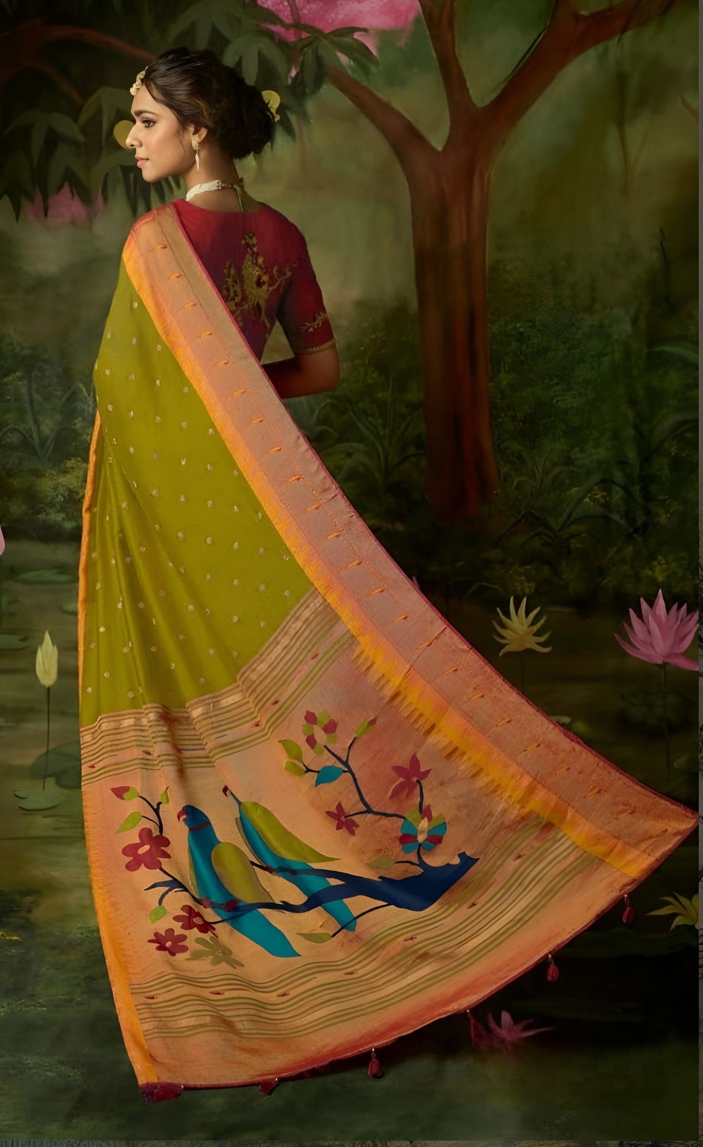 EKKTARA Saree For Women Olive Green Brasso Silk Designer Paithani Saree