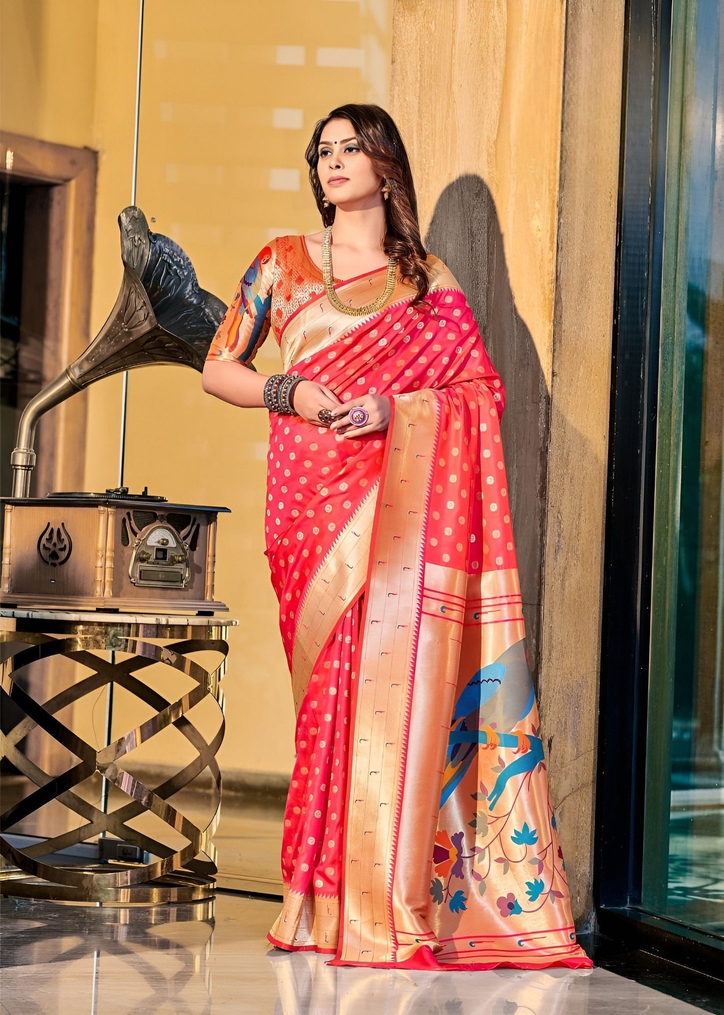 EKKTARA Saree For Women Rose Red Paithani Silk Saree & Designer Blouse