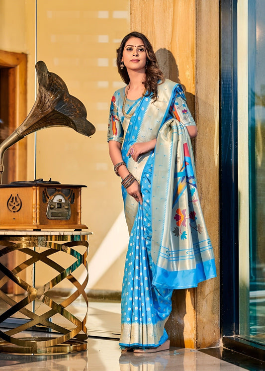 EKKTARA Saree For Women Marine Blue Paithani Silk Saree & Designer Blouse