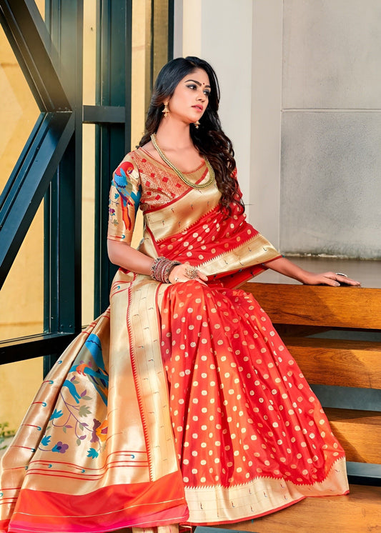 EKKTARA Saree For Women Fire Orange Paithani Silk Saree & Designer Blouse