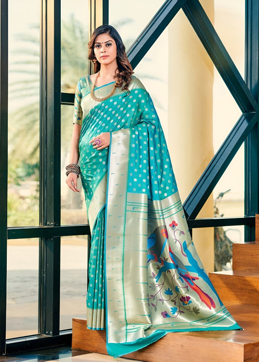 EKKTARA Saree For Women Turquoise Paithani Silk Saree & Paithani Design Blouse