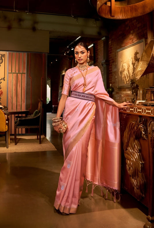 EKKTARA Saree For Women Crepe Pink Silk Zari Handloom Weaving Saree