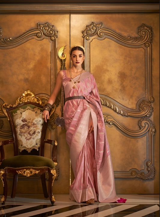 EKKTARA Saree For Women Lemonade Pink Silk Satin Handloom Weaving Saree