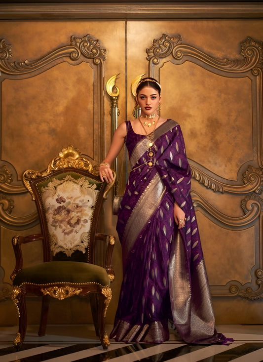 EKKTARA Saree For Women Violet Silk Satin Handloom Weaving Saree