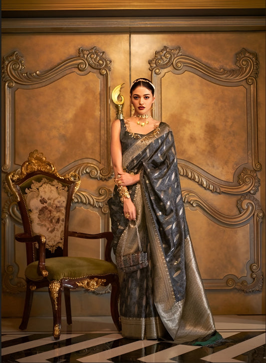 EKKTARA Saree For Women Dark Grey Silk Satin Handloom Weaving Saree