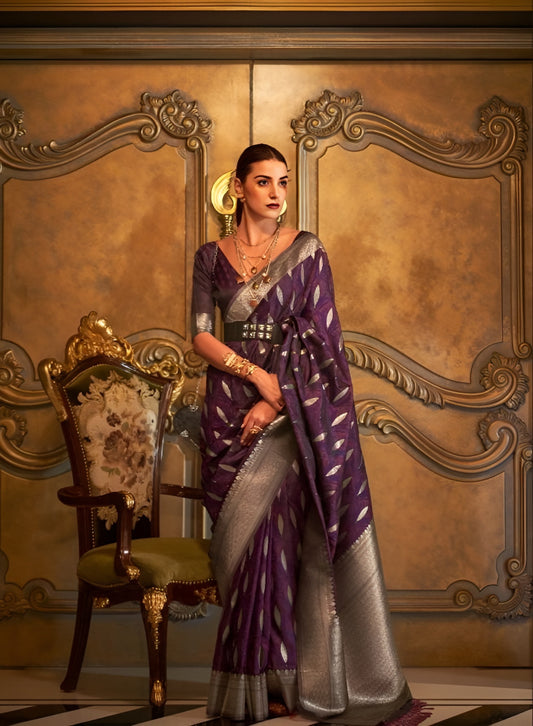 EKKTARA Saree For Women Regal Purple Silk Satin Handloom Weaving Saree