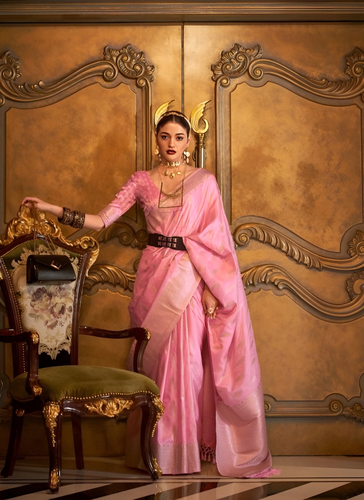 EKKTARA Saree For Women Blush Pink Silk Satin Handloom Weaving Saree
