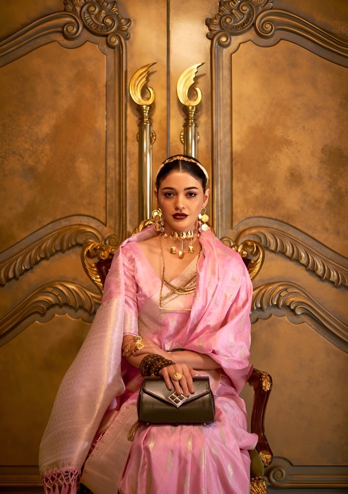 EKKTARA Saree For Women Blush Pink Silk Satin Handloom Weaving Saree
