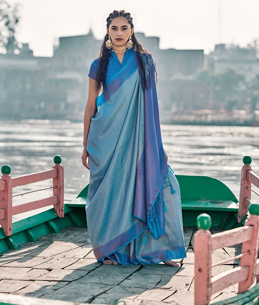 EKKTARA Saree For Women Light Blue Pattu Soft Silk Saree