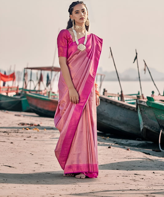 EKKTARA Saree For Women Rose Pink Pattu Soft Silk Saree