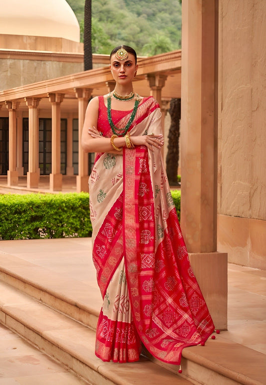 EKKTARA Saree For Women Beige & Red Colour Pure Silk Designer Patola Saree With Unstitched Blouse