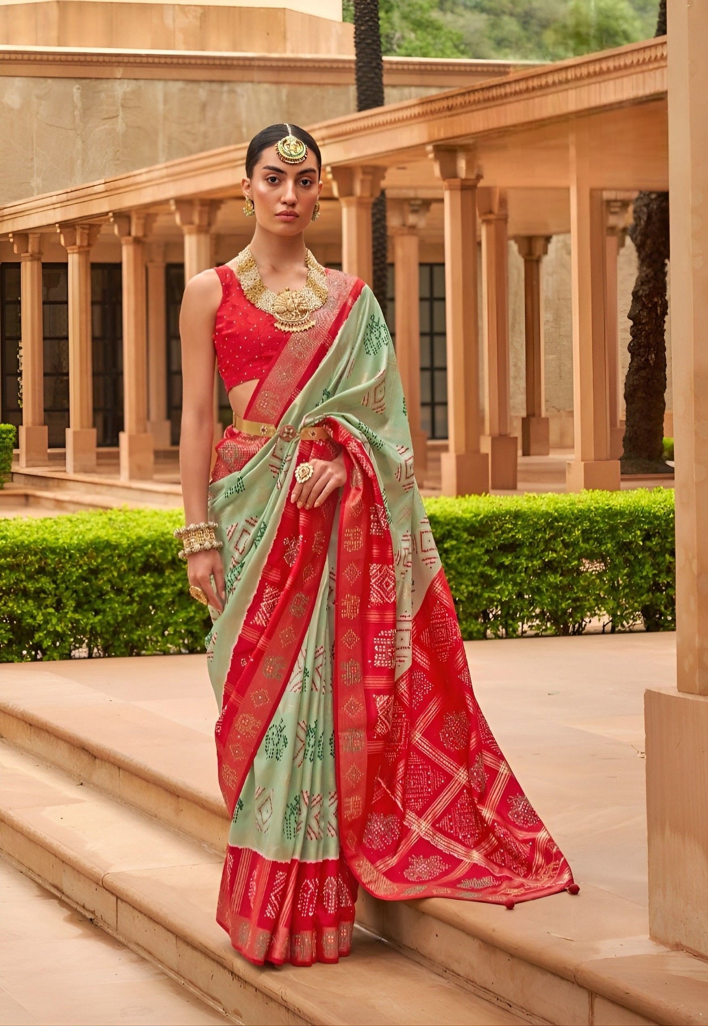 EKKTARA Saree For Women Pista Green & Red Colour Pure Silk Designer Patola Saree With Unstitched Blouse