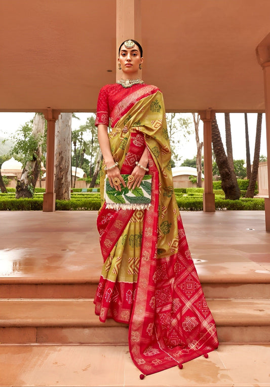 EKKTARA Saree For Women Olive Green & Red Colour Pure Silk Designer Patola Saree With Unstitched Blouse