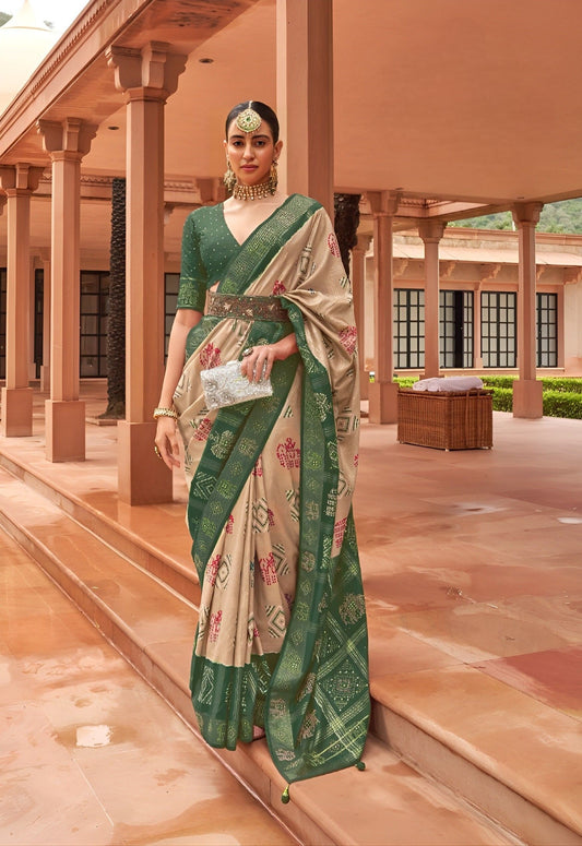 EKKTARA Saree For Women Beige & Green Colour Pure Silk Designer Patola Saree With Unstitched Blouse