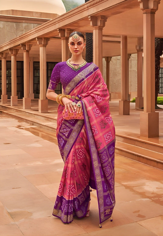EKKTARA Saree For Women Pink & Purple Colour Pure Silk Designer Patola Saree With Unstitched Blouse