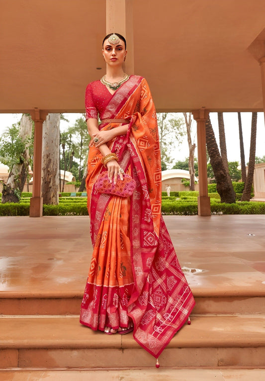 EKKTARA Saree For Women Orange & Pink Colour Pure Silk Designer Patola Saree With Unstitched Blouse