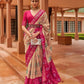 EKKTARA Saree For Women Beige & Pink Colour Pure Silk Designer Patola Saree With Unstitched Blouse