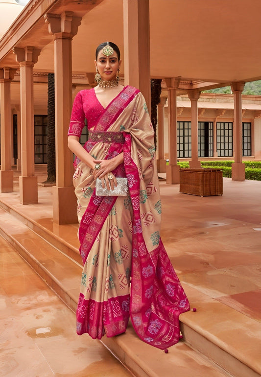 EKKTARA Saree For Women Beige & Pink Colour Pure Silk Designer Patola Saree With Unstitched Blouse