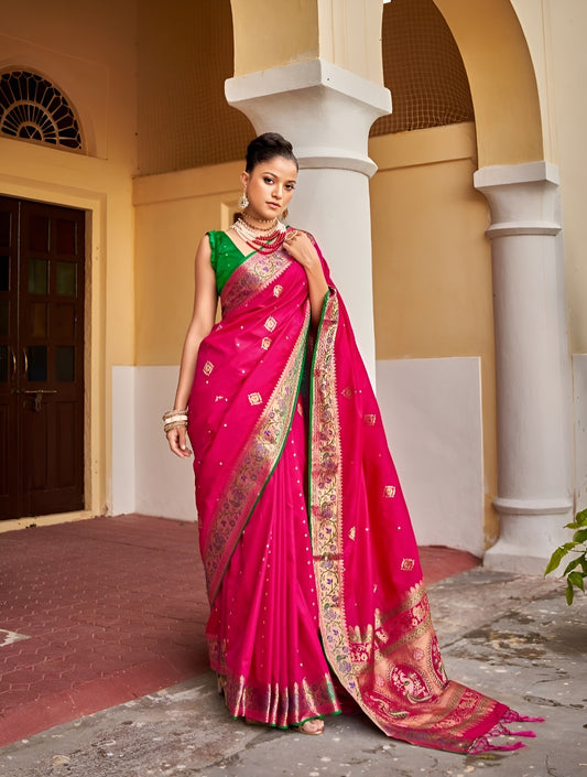 EKKTARA Saree For Women Pink Colour Silk Weaving Saree With Designer Pallu