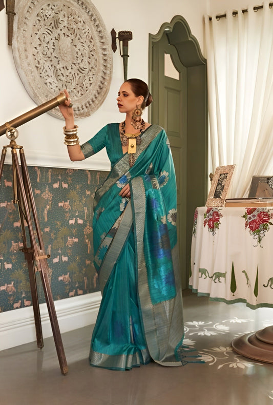 EKKTARA Saree For Women Turquoise Multi Colour Zari Handloom Weaving Silk Saree With Unstitched Blouse