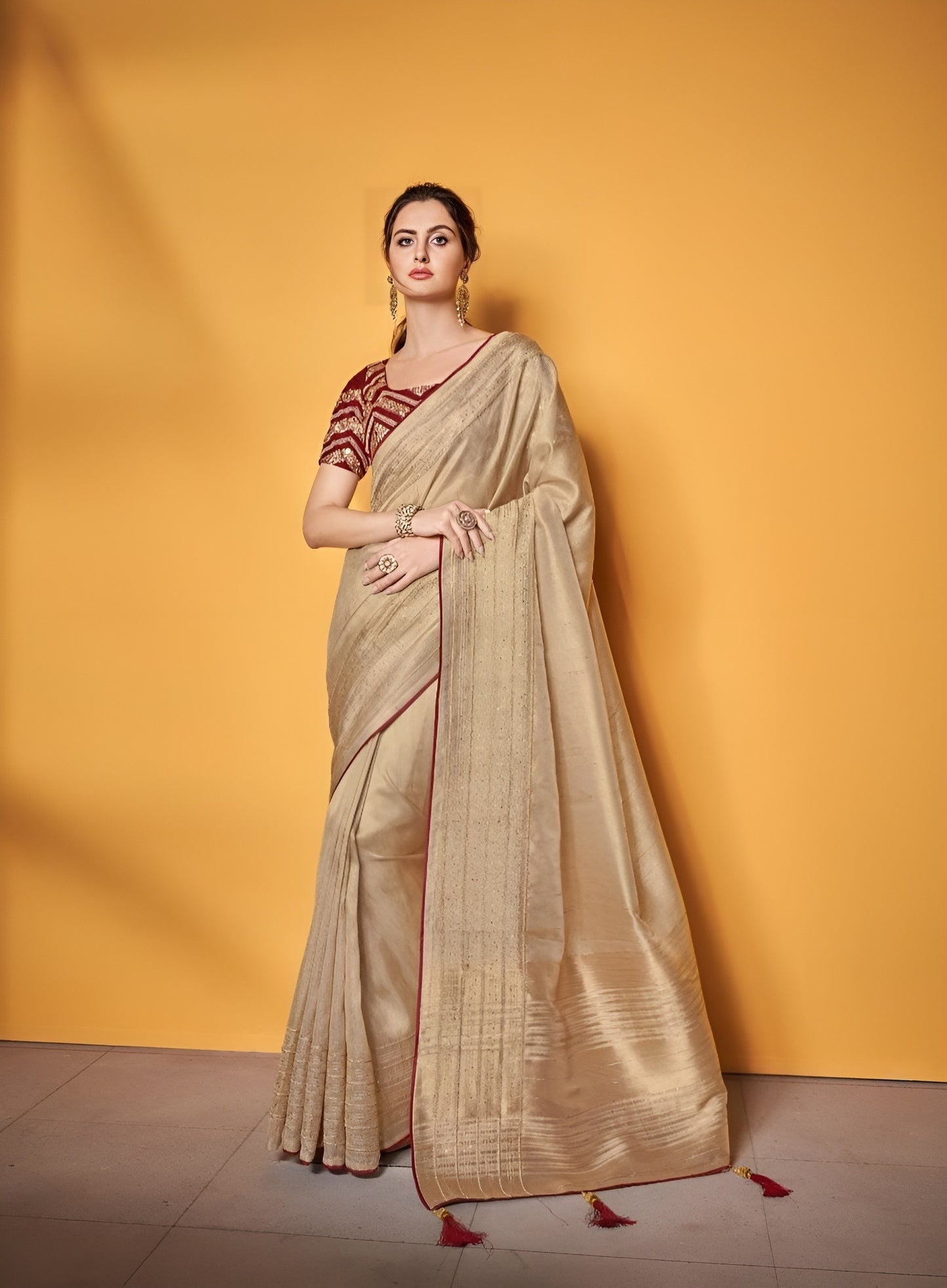 EKKTARA Saree For Women Golden Pure Tissue Silk Double Blouse Saree