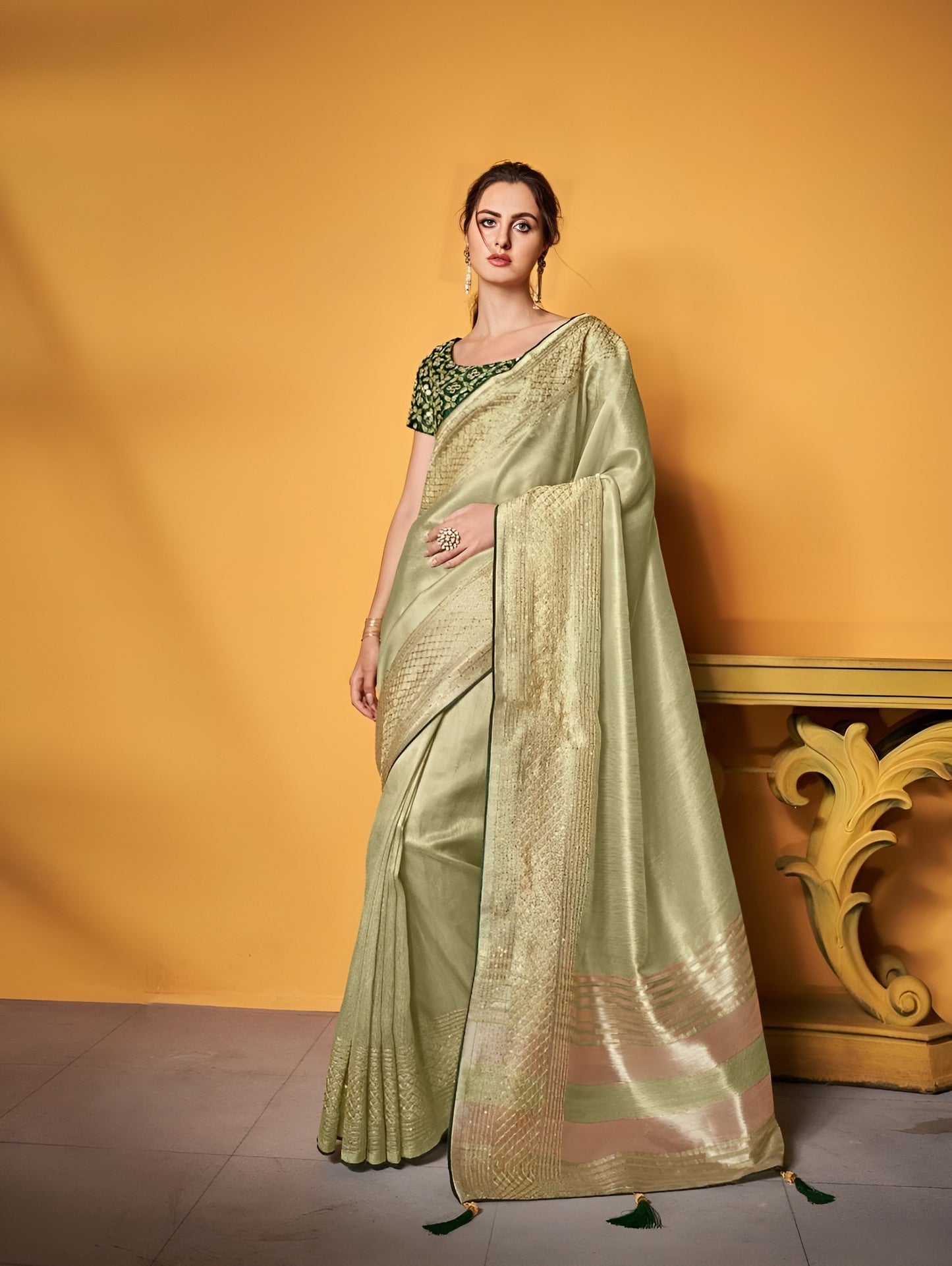 EKKTARA Saree For Women Pista Green Pure Tissue Silk Double Blouse Saree