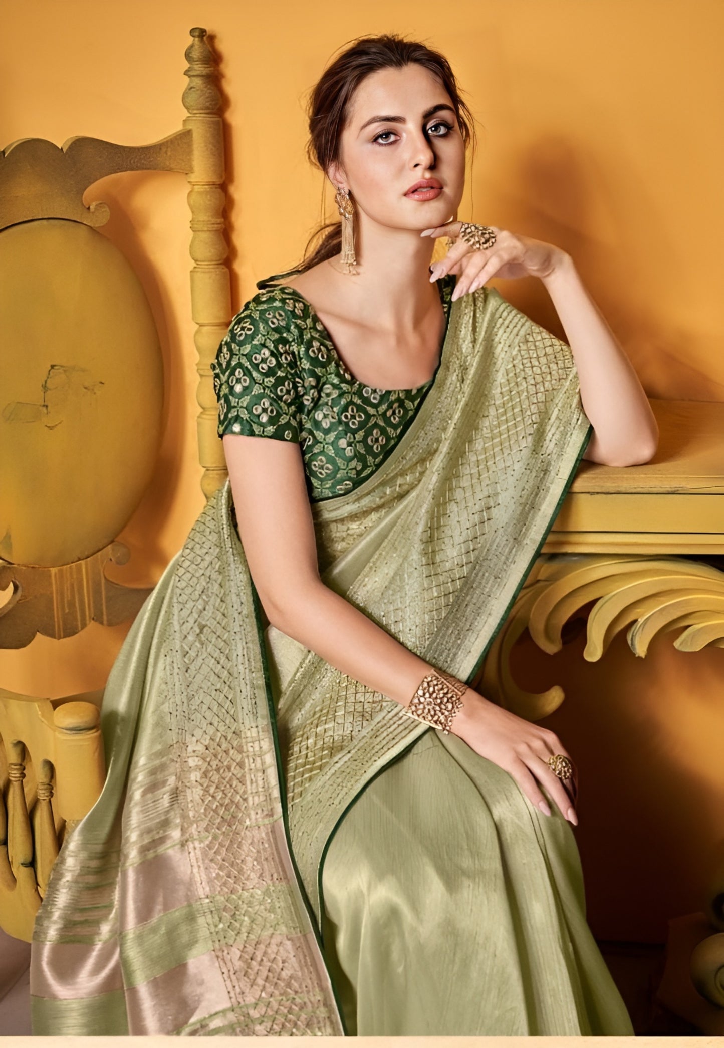 EKKTARA Saree For Women Pista Green Pure Tissue Silk Double Blouse Saree