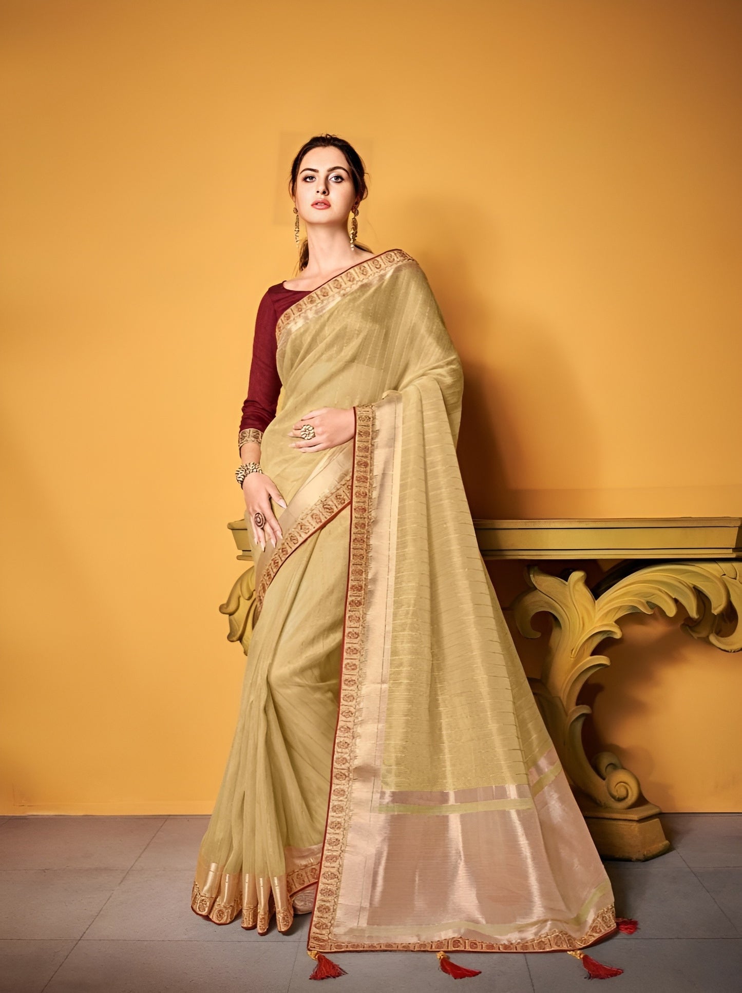 EKKTARA Saree For Women Golden Yellow Pure Tissue Silk Double Blouse Saree