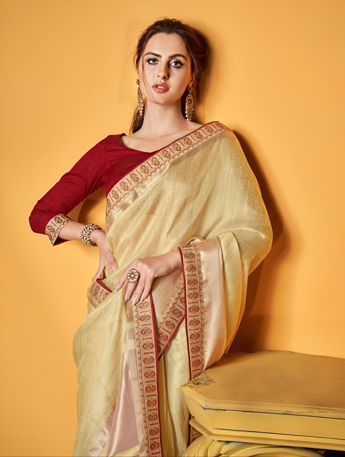 EKKTARA Saree For Women Golden Yellow Pure Tissue Silk Double Blouse Saree