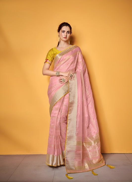 EKKTARA Saree For Women Light Pink Pure Tissue Silk Double Blouse Saree