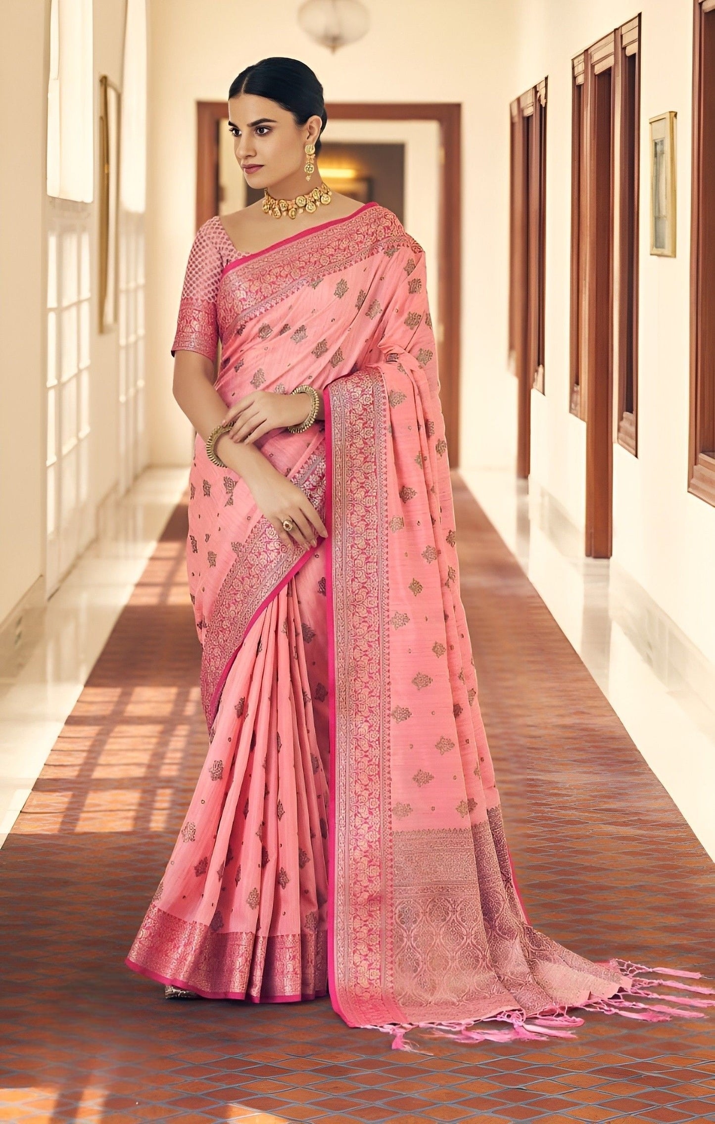 EKKTARA Saree For Women Blush Pink Tusser Silk Weaving Saree