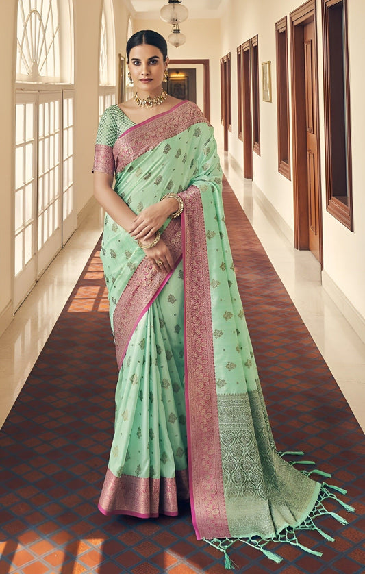 EKKTARA Saree For Women Mint Green Tussar Silk Weaving Saree