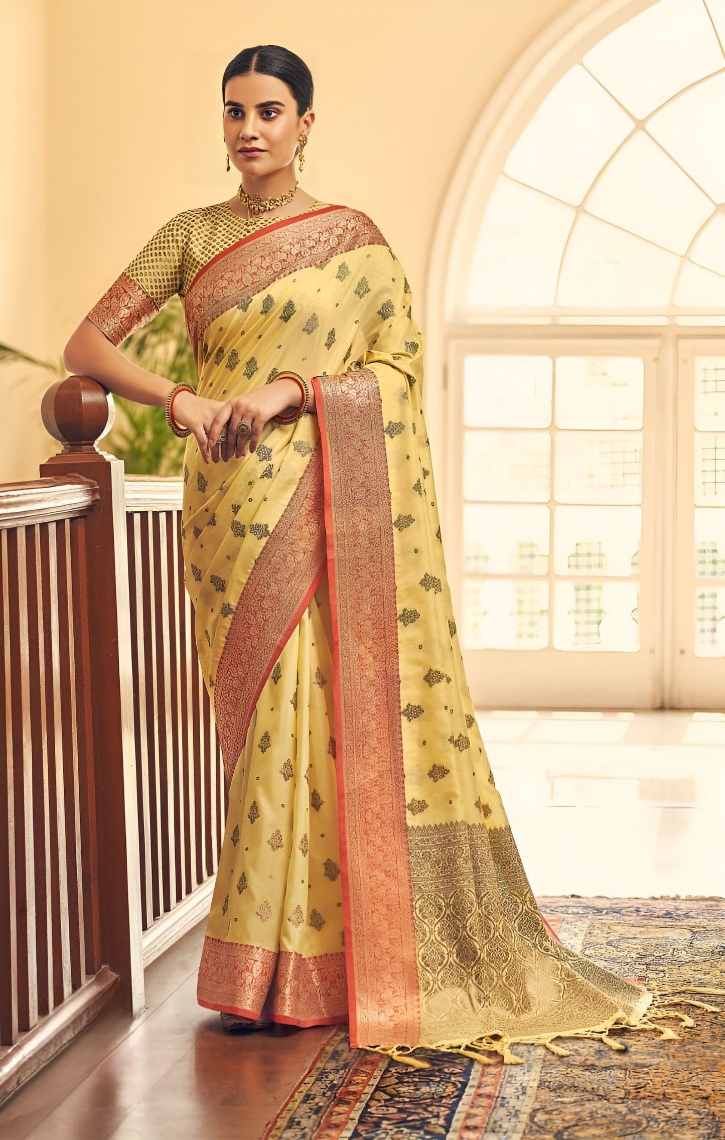 EKKTARA Saree For Women Golden Yellow Tussar Silk Weaving Saree